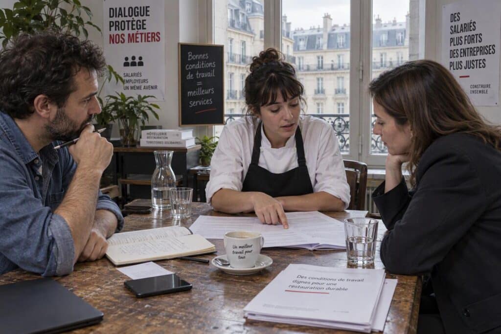 Des délégués discutent des accords de branche autour d'une table
