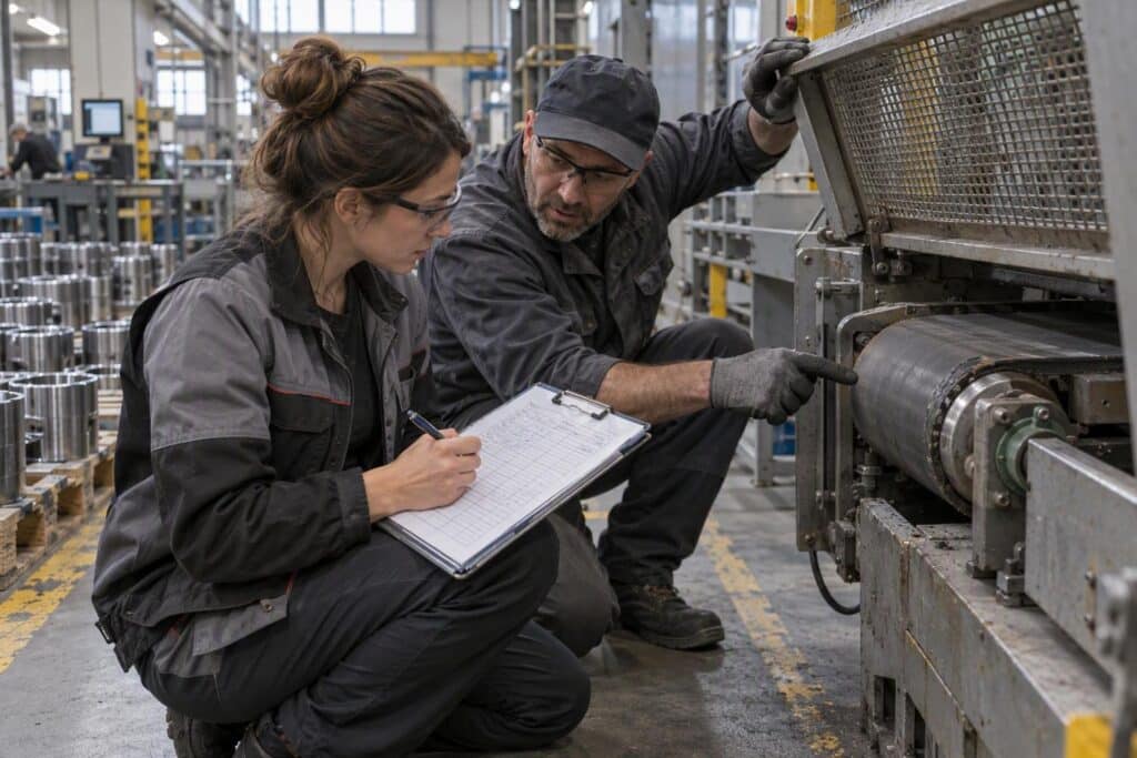 Une ligne de production avec un tableau des risques AMDEC