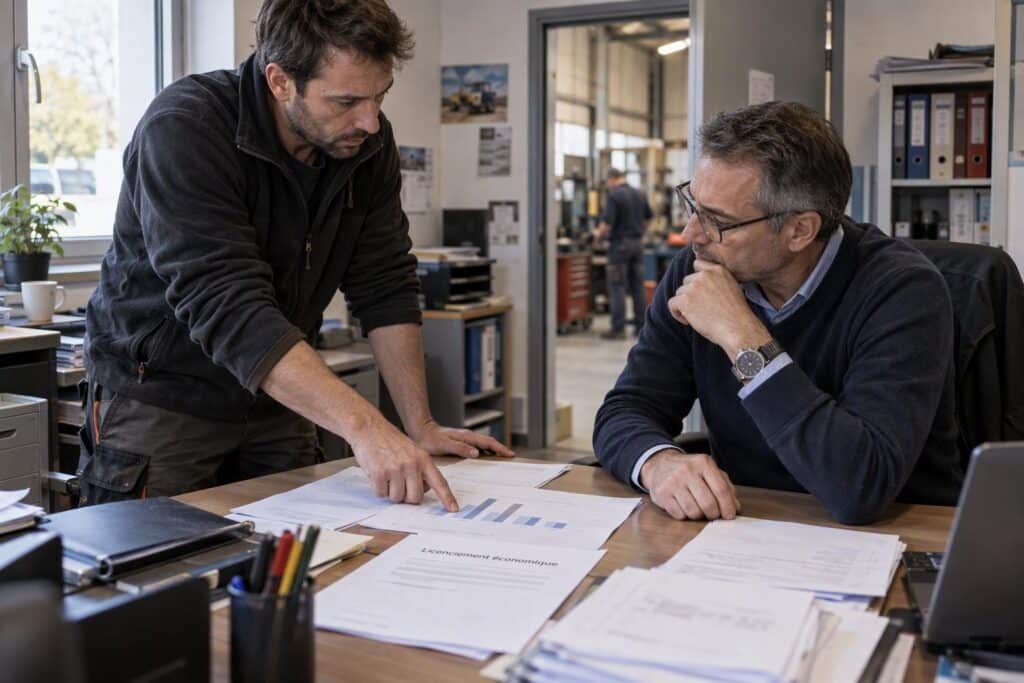 Un bureau vide et une courbe en baisse évoquent un licenciement économique