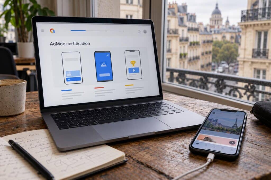 Un mobile illustre la certification Google AdMob et ses formats publicitaires