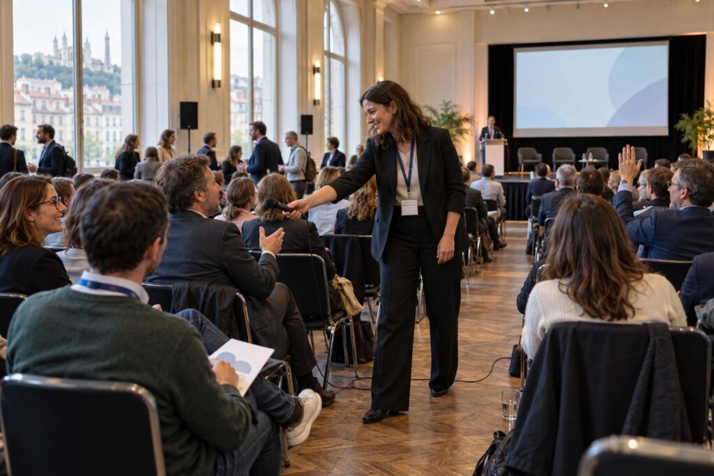 Des collègues échangent lors d’une convention d’entreprise