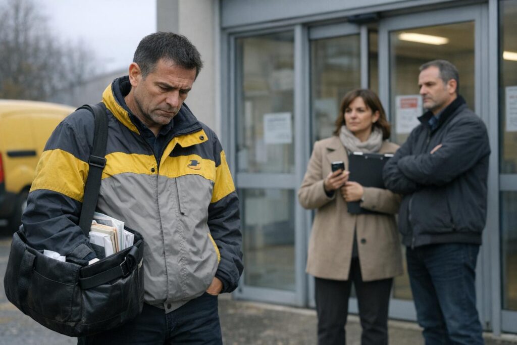 Un facteur en service, évoquant un licenciement après un refus de contrôle