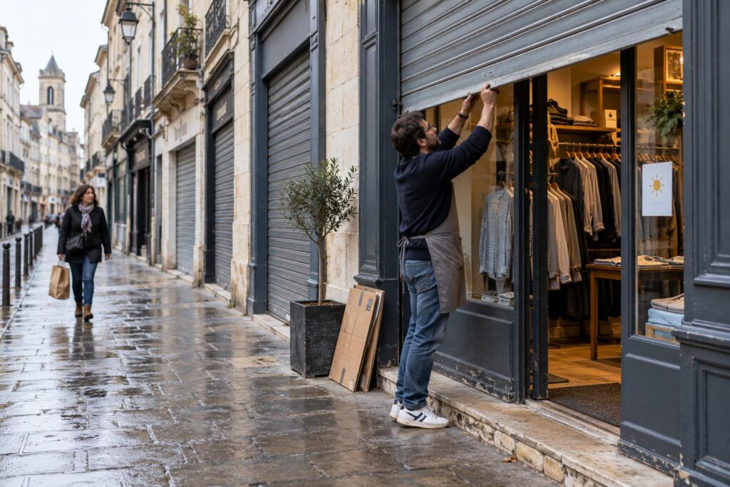 Devanture d'un commerce de proximité et ouverture le dimanche