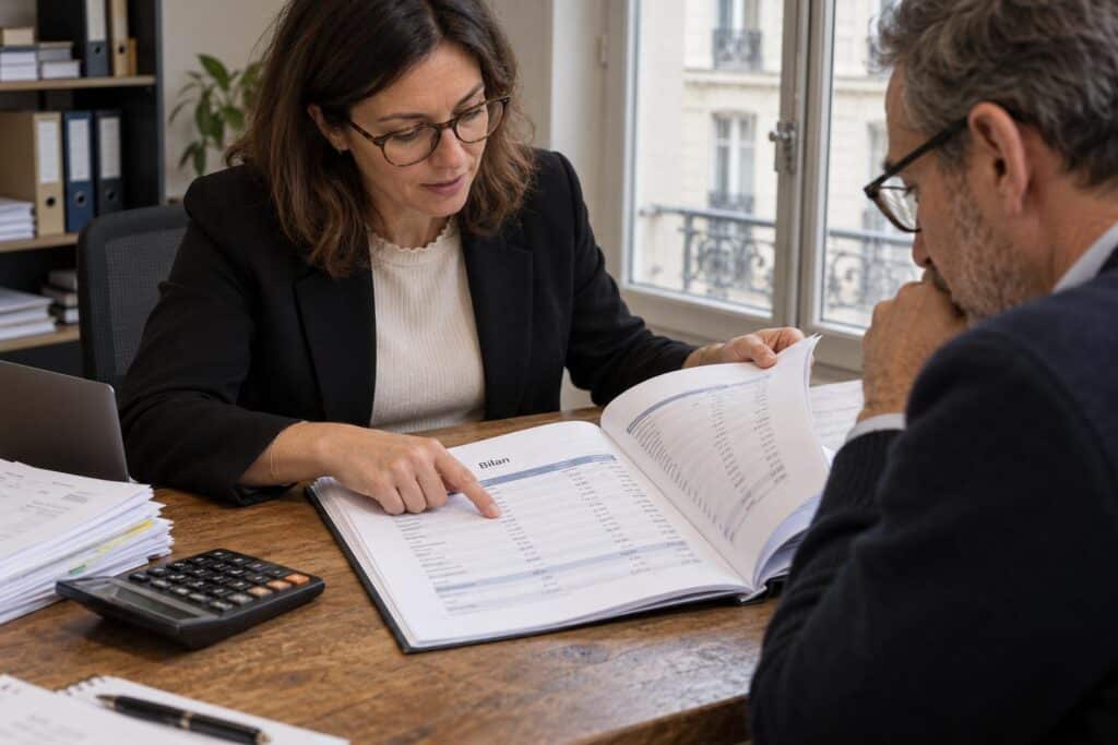 Une plaquette comptable ouverte sur un bureau avec les comptes annuels