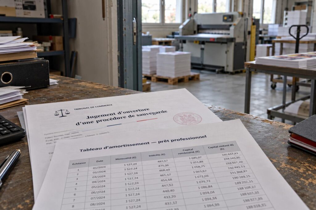 Des dossiers de prêts bancaires sur un bureau évoquent la sauvegarde