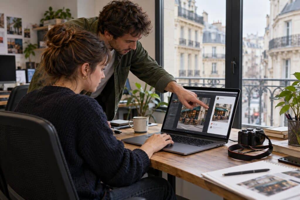 Stagiaire en agence web créant du contenu pour les réseaux sociaux