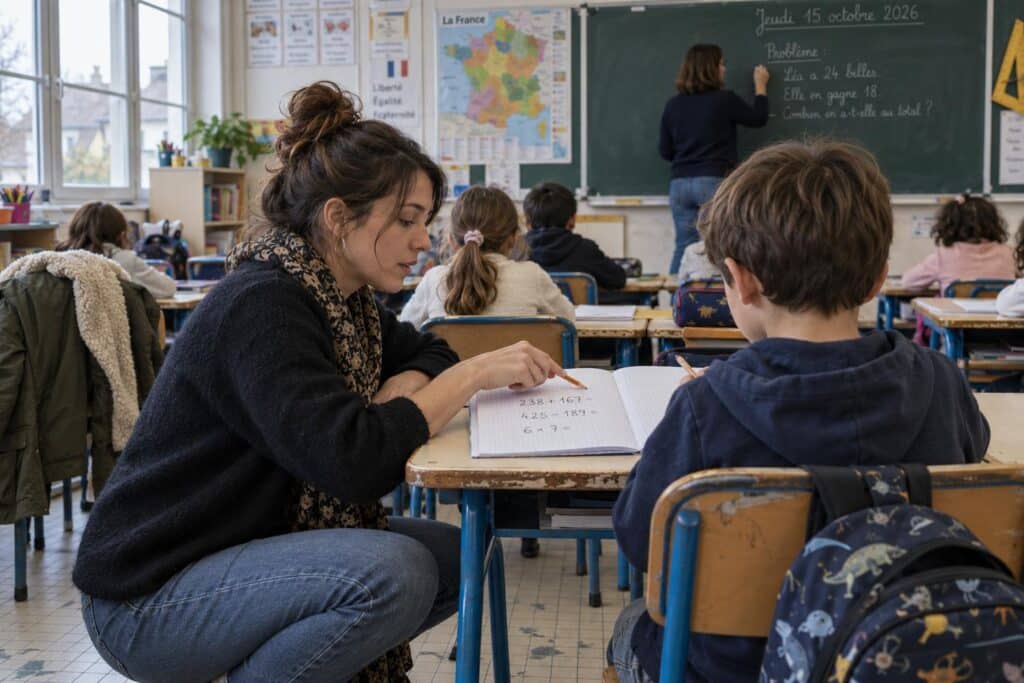 Une AESH accompagne un élève en classe, sur fond de débat sur sa titularisation